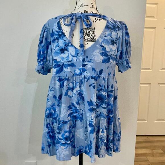 ALTAR D’STATE MINI DRESS SMOCKED OVERSIZED TIERED BLUE FLORAL SZ M AESTHETIC - Picture 15 of 16